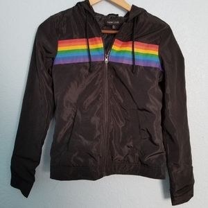 Black rainbow-striped waterproof jacket